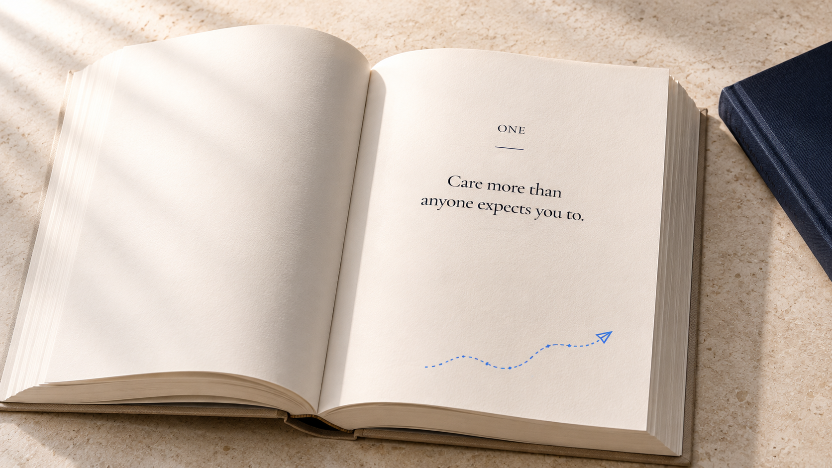 An open leather-bound notebook on a warm stone desk, lit by soft natural light. The standard that started Trust Tai.