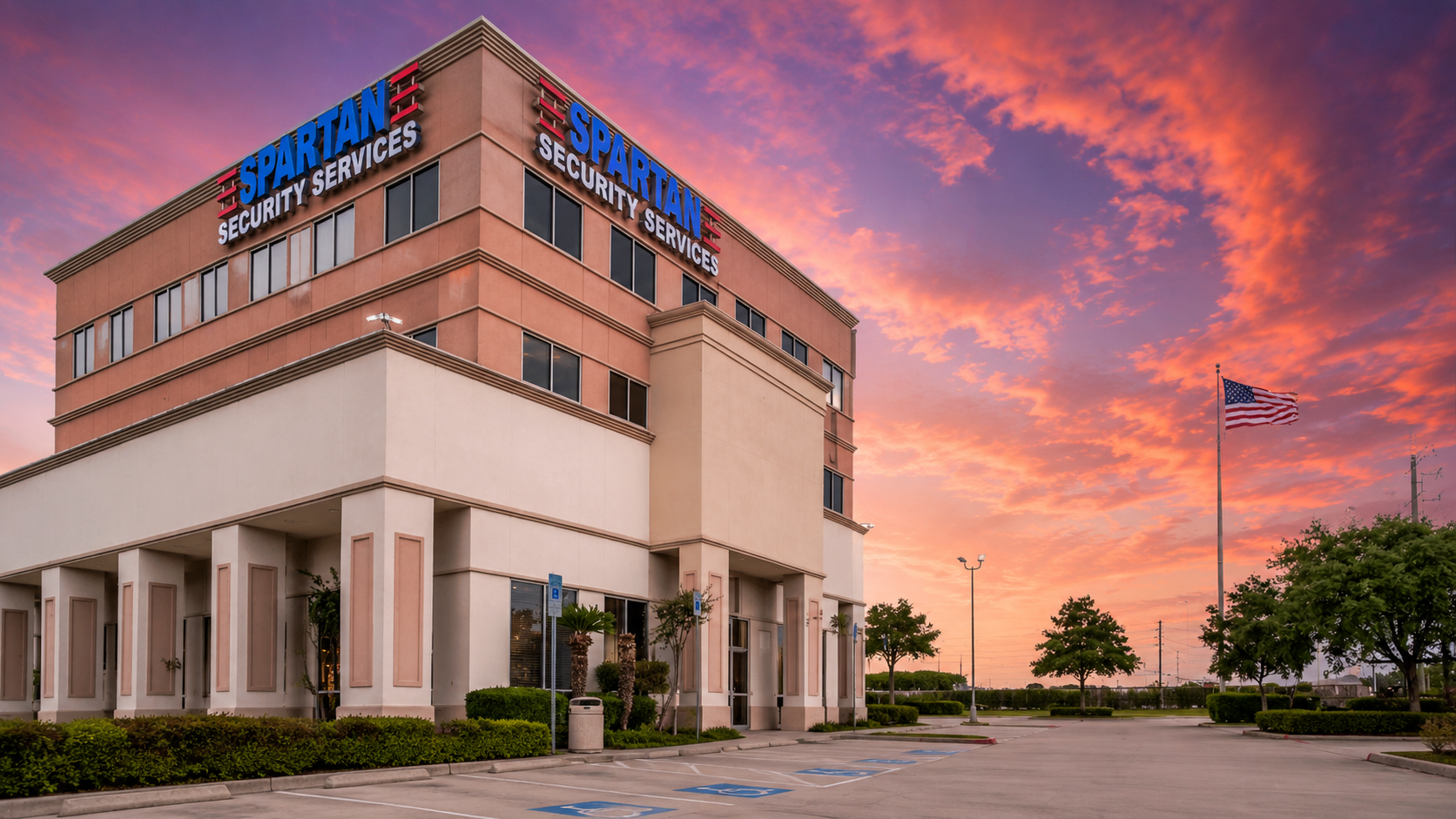 Spartan Security Services headquarters at sunset