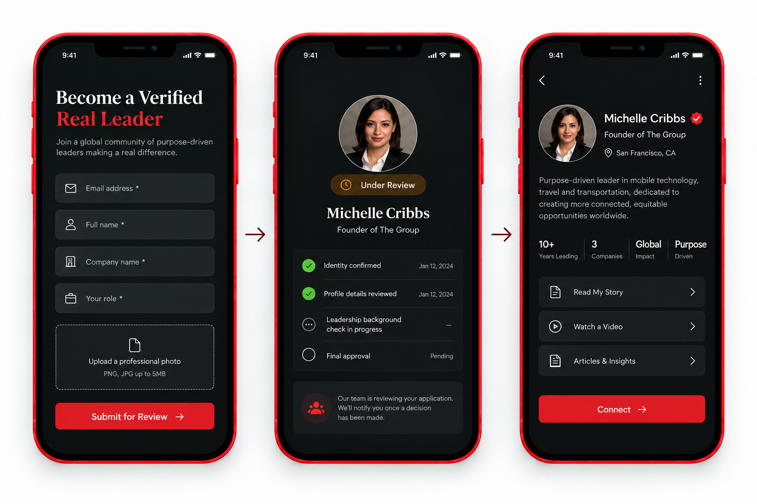Three phone screens showing the Real Leaders recognition journey: an application form, an application under review, and a verified leader profile