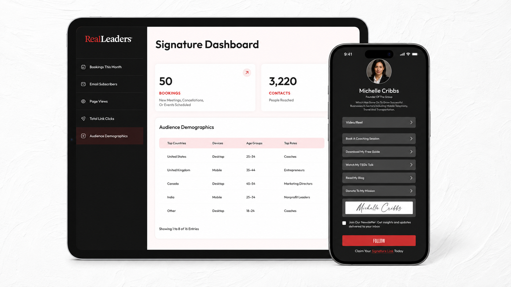 Real Leaders signature dashboard on tablet and member profile on mobile