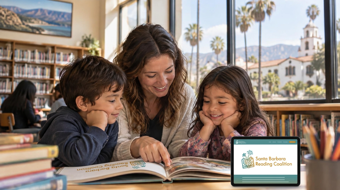 A volunteer reading a picture book with two young children at a bright Santa Barbara library table