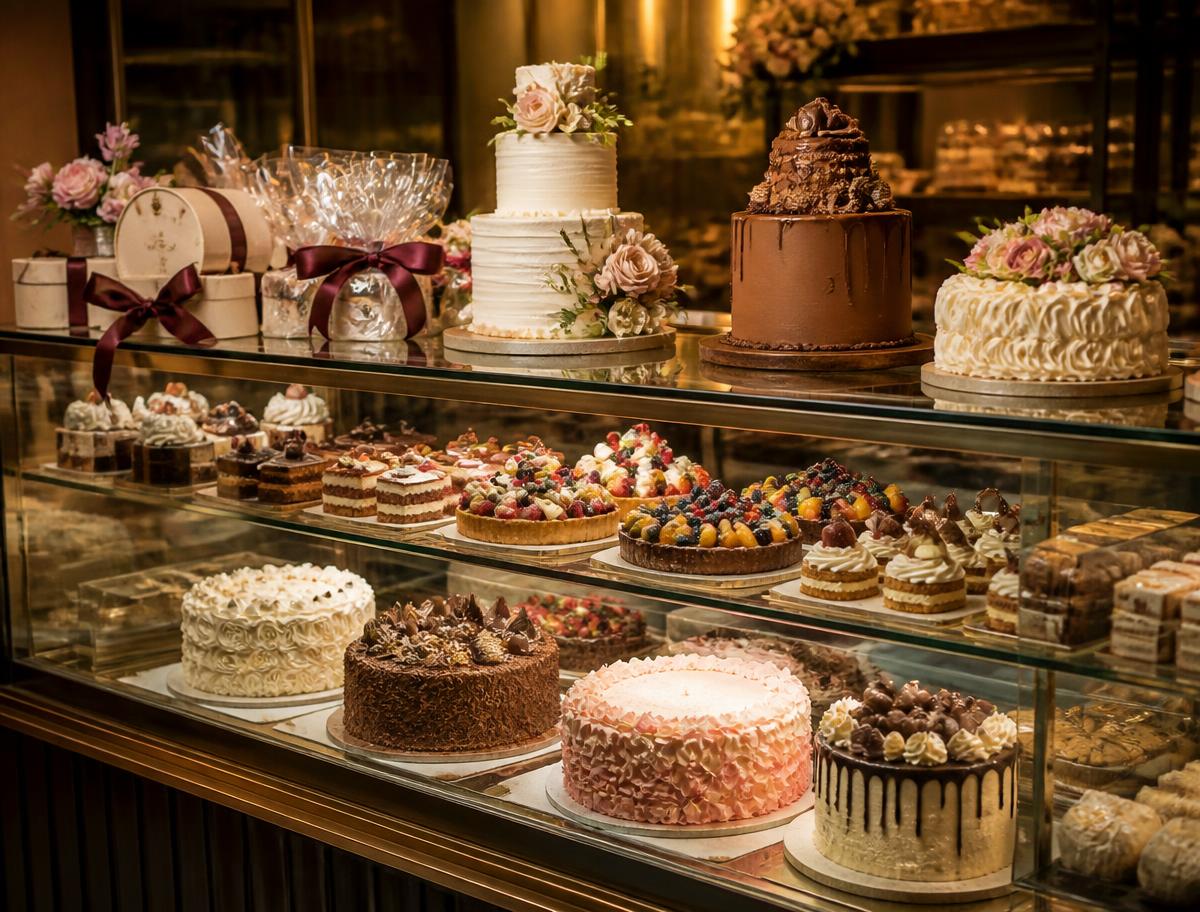 Premium cake and pastry display in a Shugar Shack bakery case