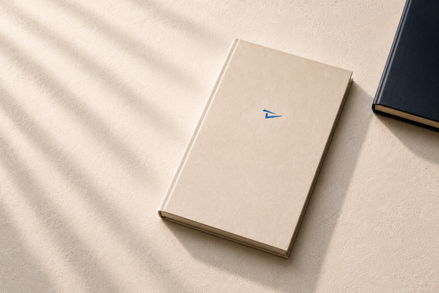 A cream Roadmap journal embossed with the Trust Tai paper-plane mark, beside a navy notebook on a warm desk.
