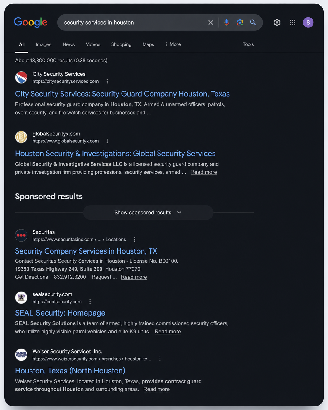 Google search results for security services in Houston