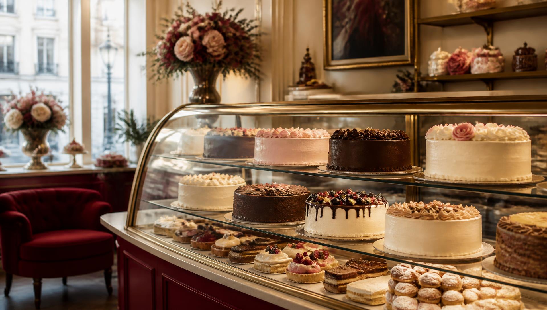 Elegant bakery display with decorated cakes